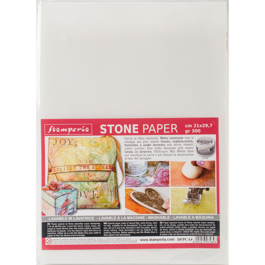 Washable White Stone Paper by Stamperia. Size A3 and A4 available at Milton's Daughter.
