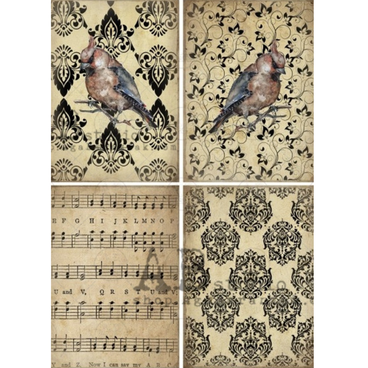 "Tan Damask Bird- #492"  decoupage rice  paper by AB Studios. Imporetd from Poland available at Milton's Daughter in size A4