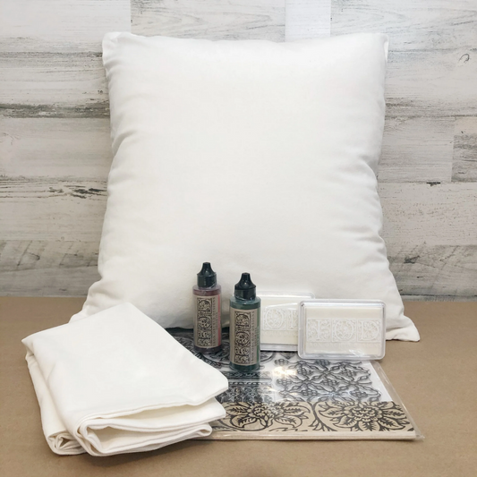 Example of Throw Pillow Craft Kit combination, includes two pillow covers, IOD Decor ink in two colors, two ink stamp pads and choice of IOD Stamp available at Milton's Daughter