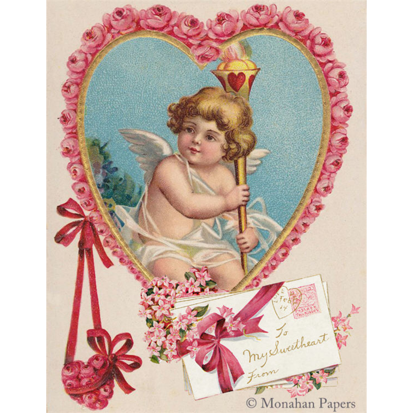 To My Sweetheart 11" x 17" Valentine's Day motif decoupage paper by Monahan Papers available at Milton's Daughter. Cupid holding torch framed by heart.