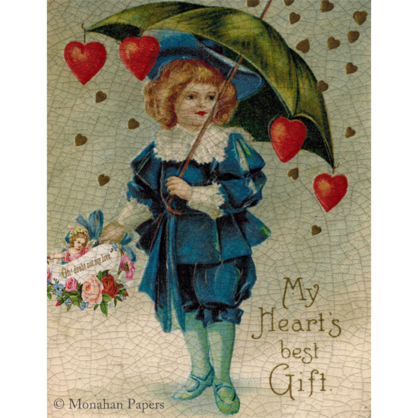 To My Valentine decoupage paper by Monahan Papers available at Milton's Daughter.  Valentine's Day motif. 11"x17" cupid in blue holding umbrella.