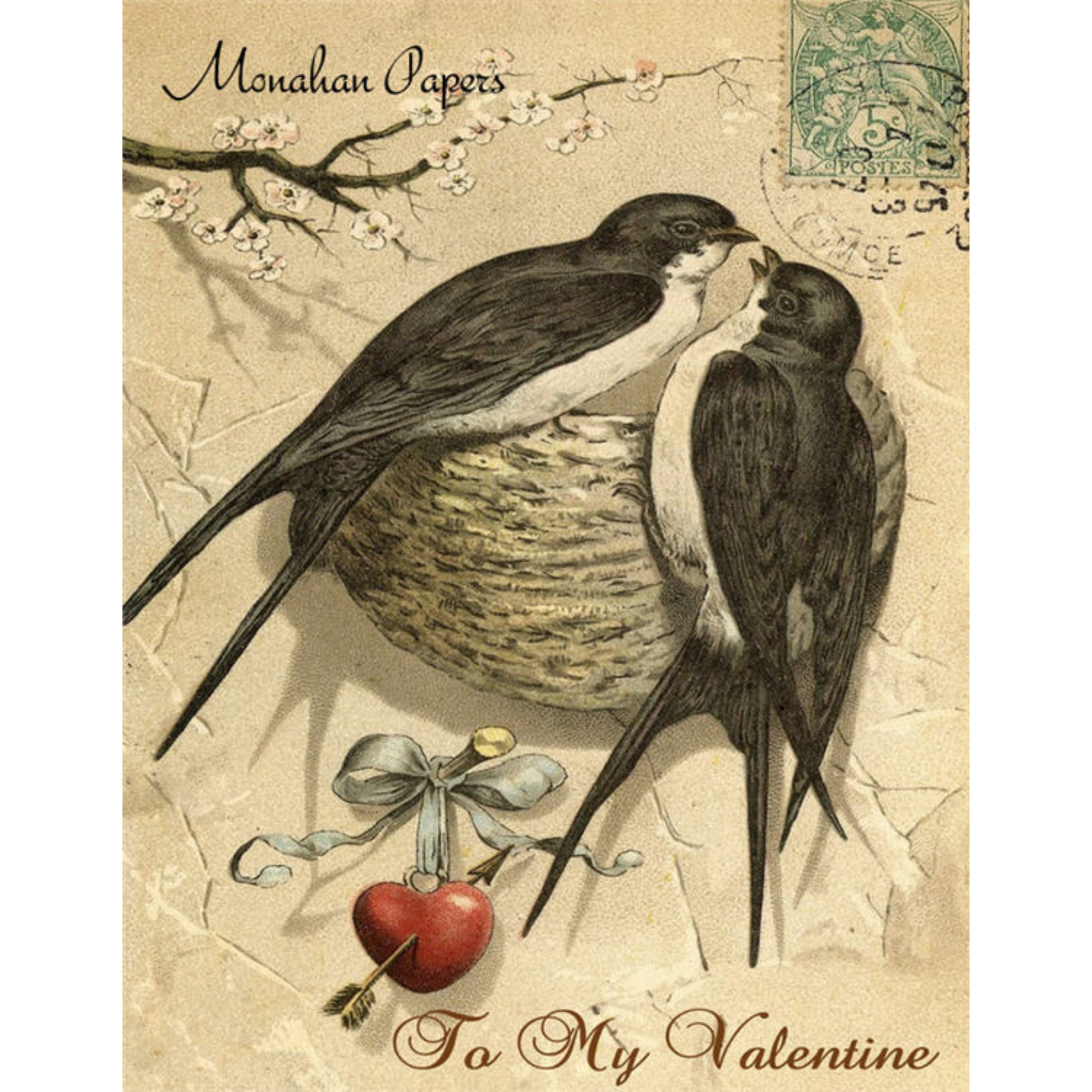 To My Valentine-V34 decoupage paper by Monahan Papers available at Milton's Daughter. Pair of birds building a nest-Valentine's Day motif, 11" x 17"
