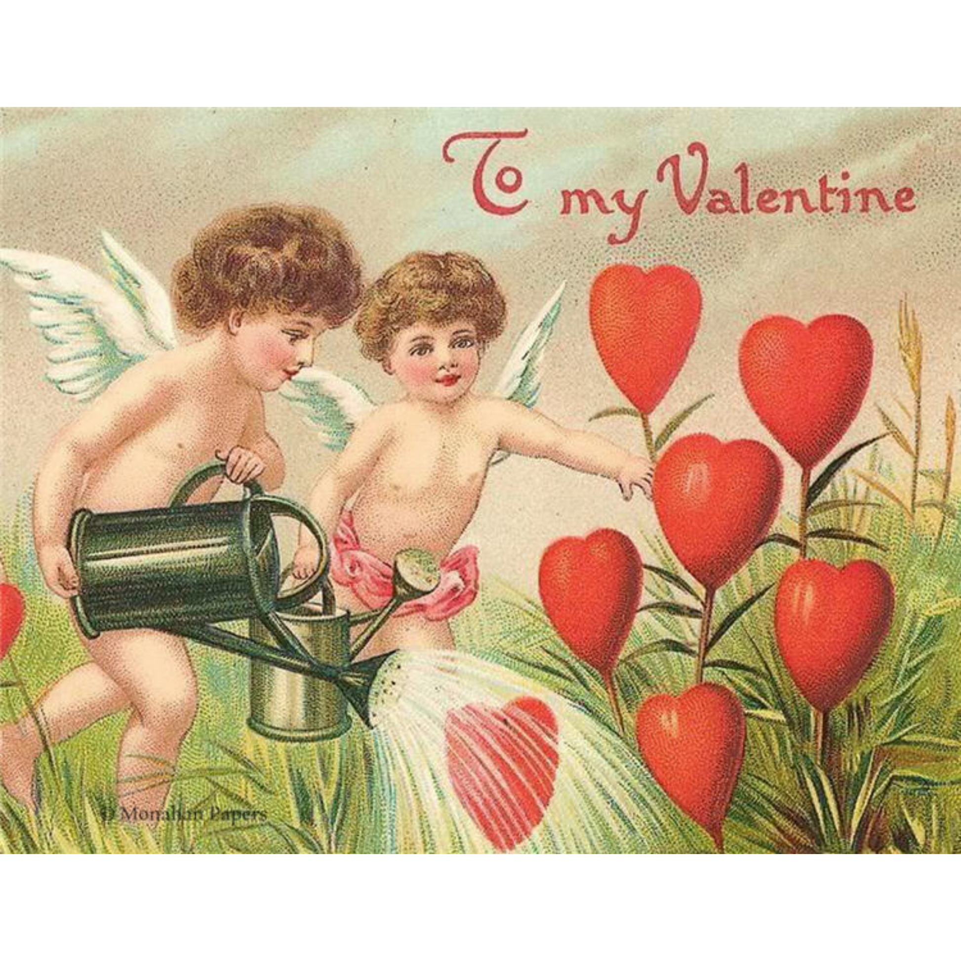 To My Valentine V58 decoupage paper by Monahan Papers available at Milton's Daughter.  11"x17". Pair of cupids watering heart flowers. Valentine's Day motif.