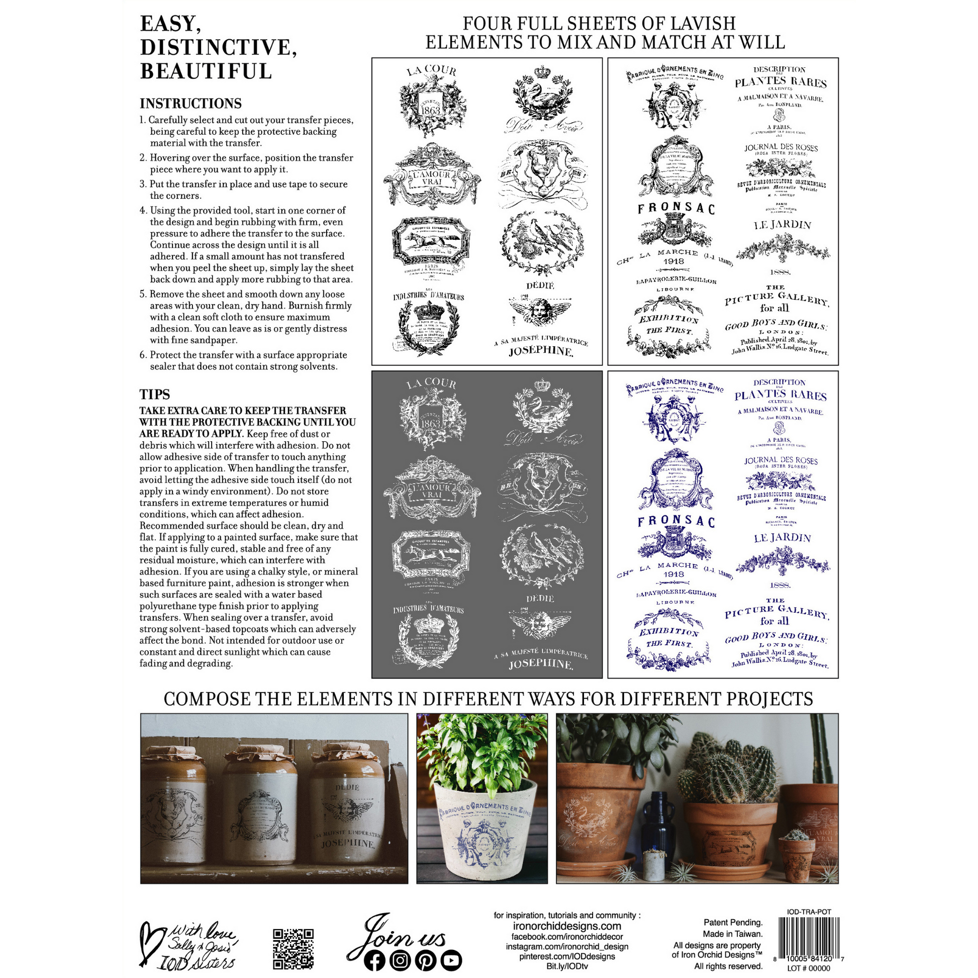 Traditional Pots IOD furniture transfer by Iron Orchid Designs. Back Cover image.  Includes four 12" x 16" sheets. Updated version of the original "Classic Pots" available at Milton's Daughter.