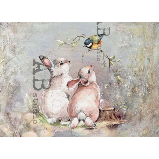 "Two Bunnies and a Bird" decoupage rice paper by AB Studio. Size A4 available at Milton's Daughter.