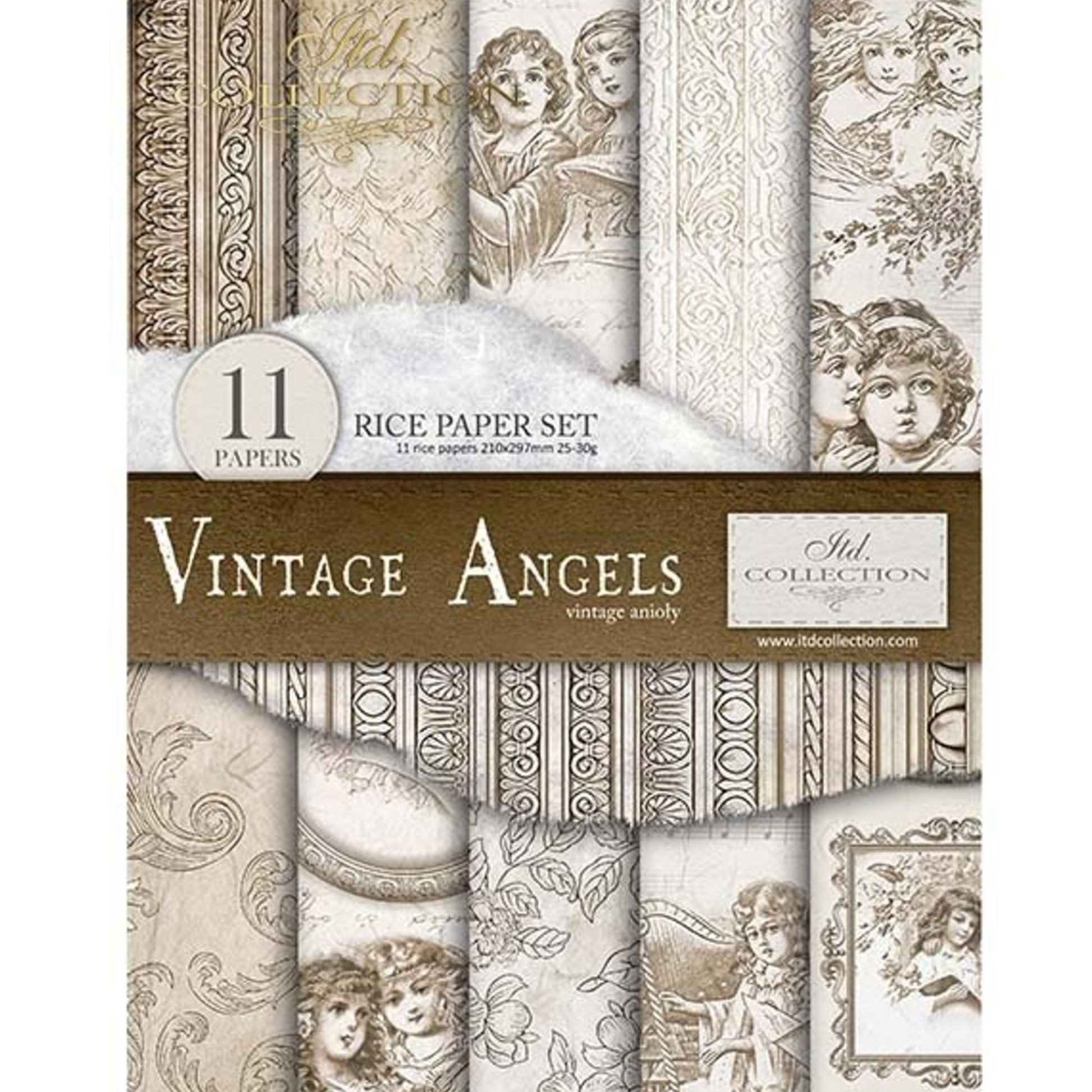 Vintage Angels - decoupage rice paper 11 sheet set from ITD Collection in size A4. Available at Milton's Daughter. Front cover.