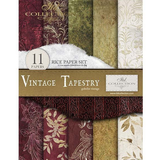 Vintage Tapestry-decoupage rice paper 11 sheet set By ITD Collection.  Front cover photo. 11 size A4 sheets. Available at Milton's Daughter.
