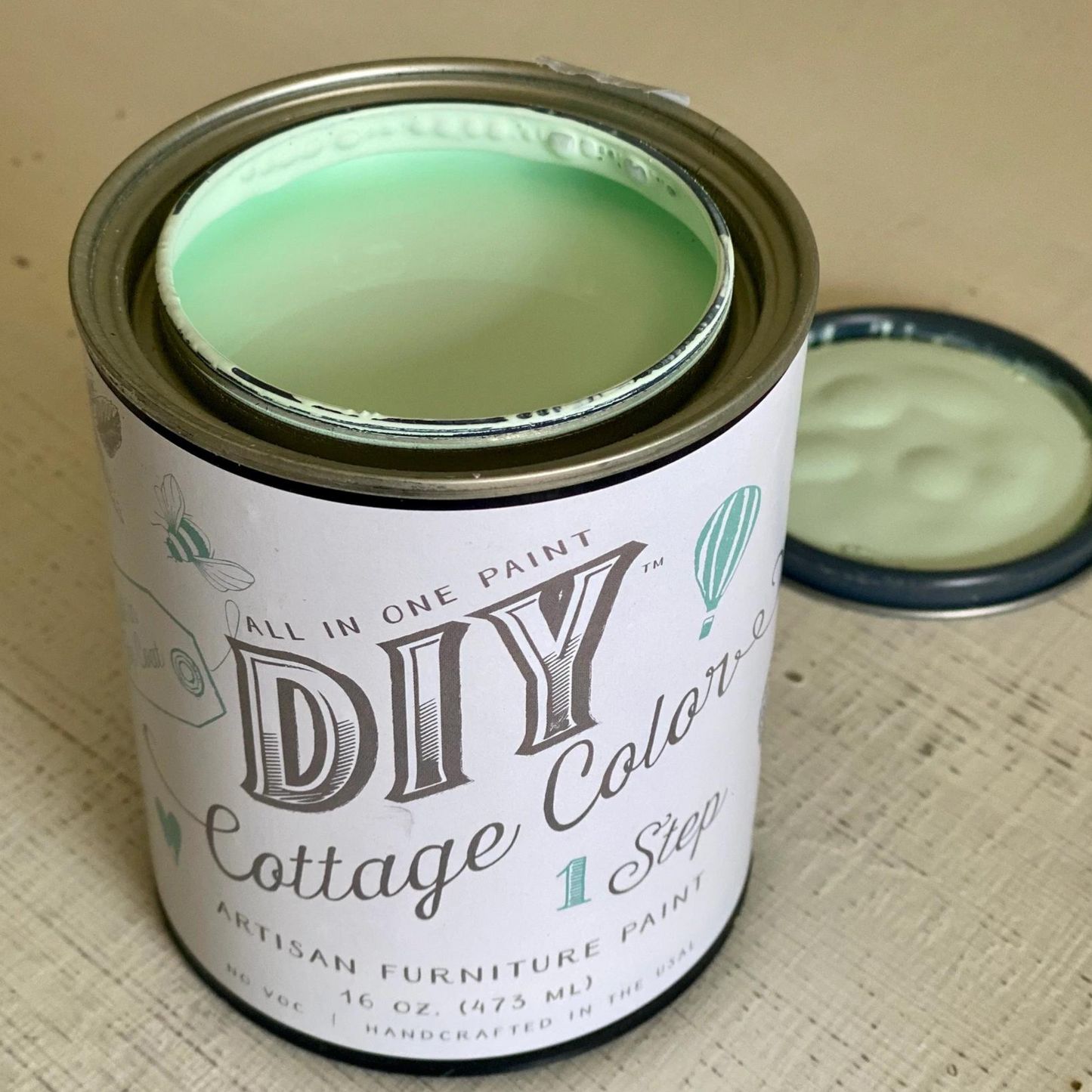 Open can example of Vintage Mint - DIY Cottage Color Paint curated by Jamie Ray Vintage. Available in pints at Milton's Daughter.
