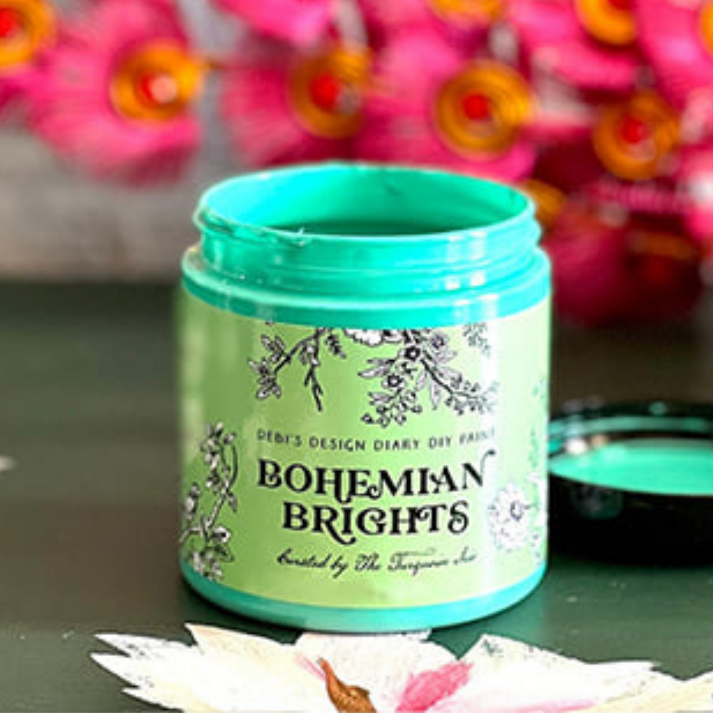 Color "Wandering Heart" from the Bohemian Brights Collection by by Debi's Design Diary DIY Paint. 4 oz. jar available at Milton's Daughter. Curated by Dionne Woods of the Turquoise Iris.