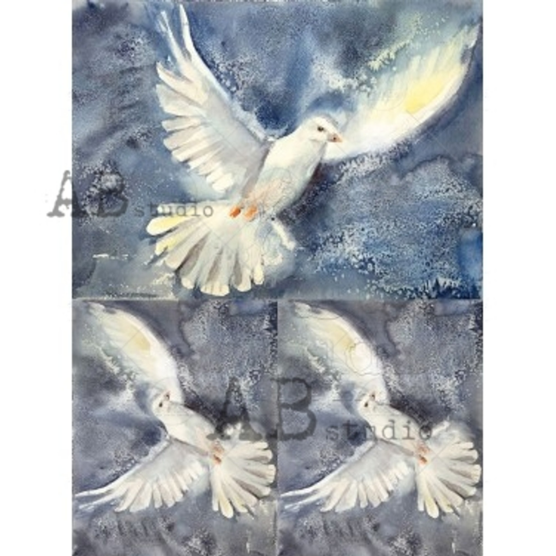 "3 Watercolor Doves" decoupage rice paper by AB Studio. Size A4 available at Milton's Daughter.