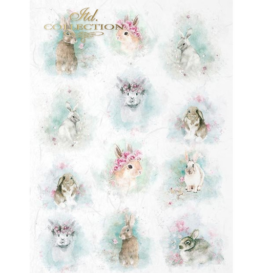 "Watercolor Easter Animals" decoupage rice paper by ITD Collection. Size A4 available at Milton's Daughter.