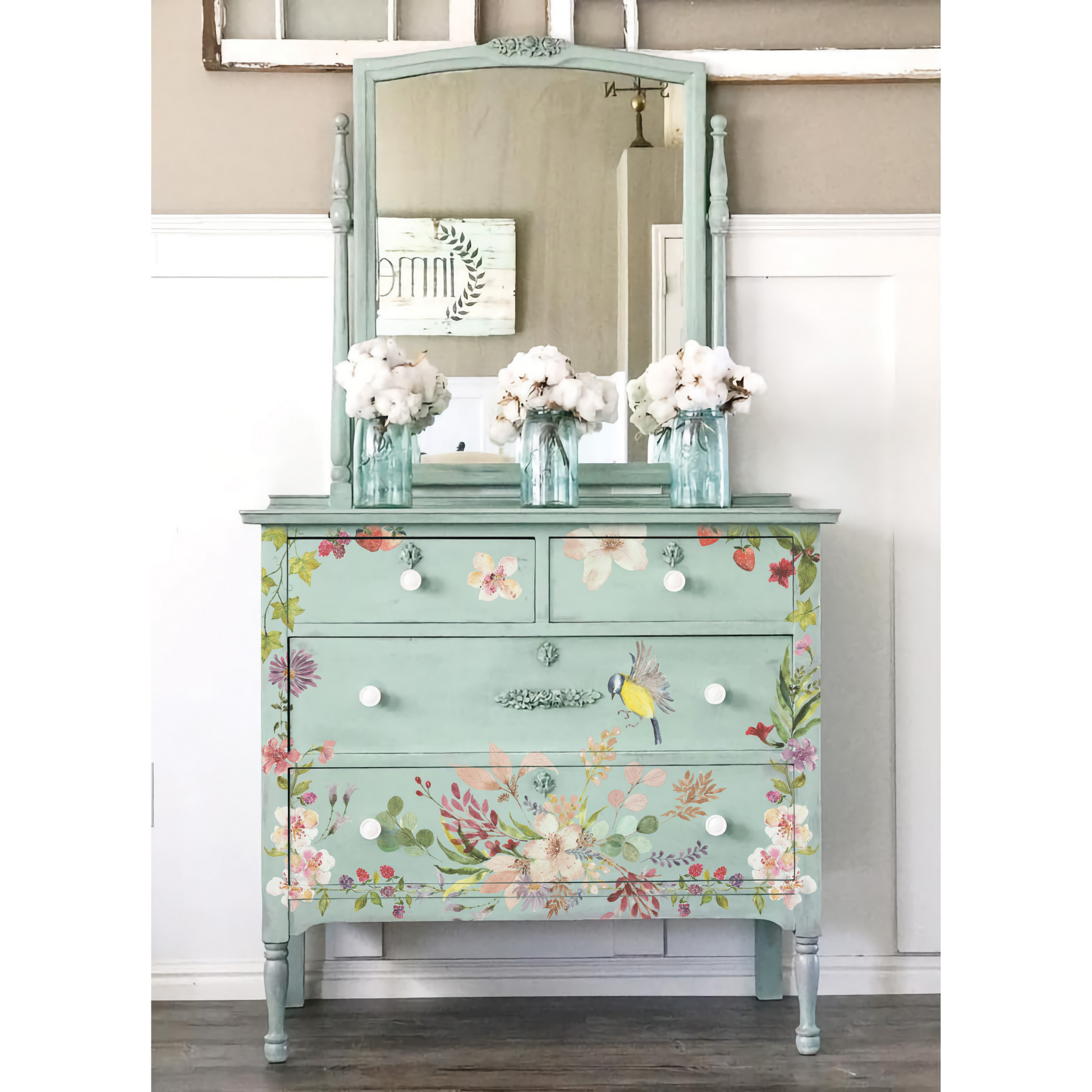 Whispering Willow IOD rub-on furniture transfer by Iron Orchid Designs. Example 1. Includes eight 12" x 16" sheets. Available at Milton's Daughter.