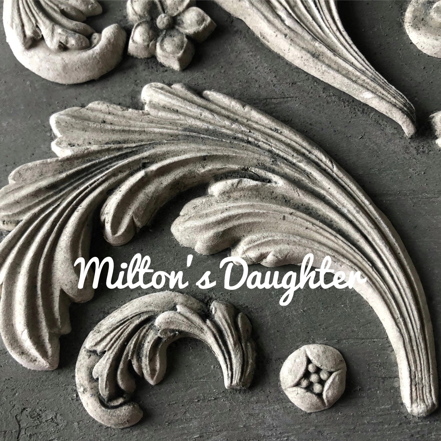 IOD Acanthus scroll mold castings leaf closeup greyscale at Milton's Daughter