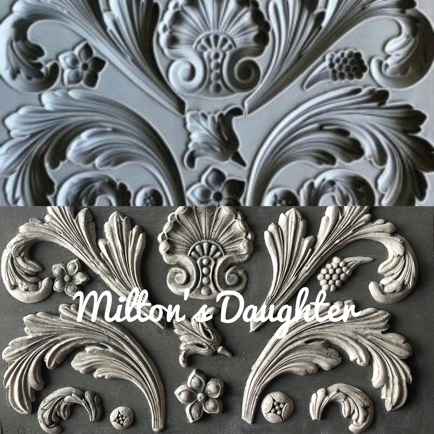 Acanthus Scroll mold by IOD mold and castings side by side greyscale at Milton's Daughter