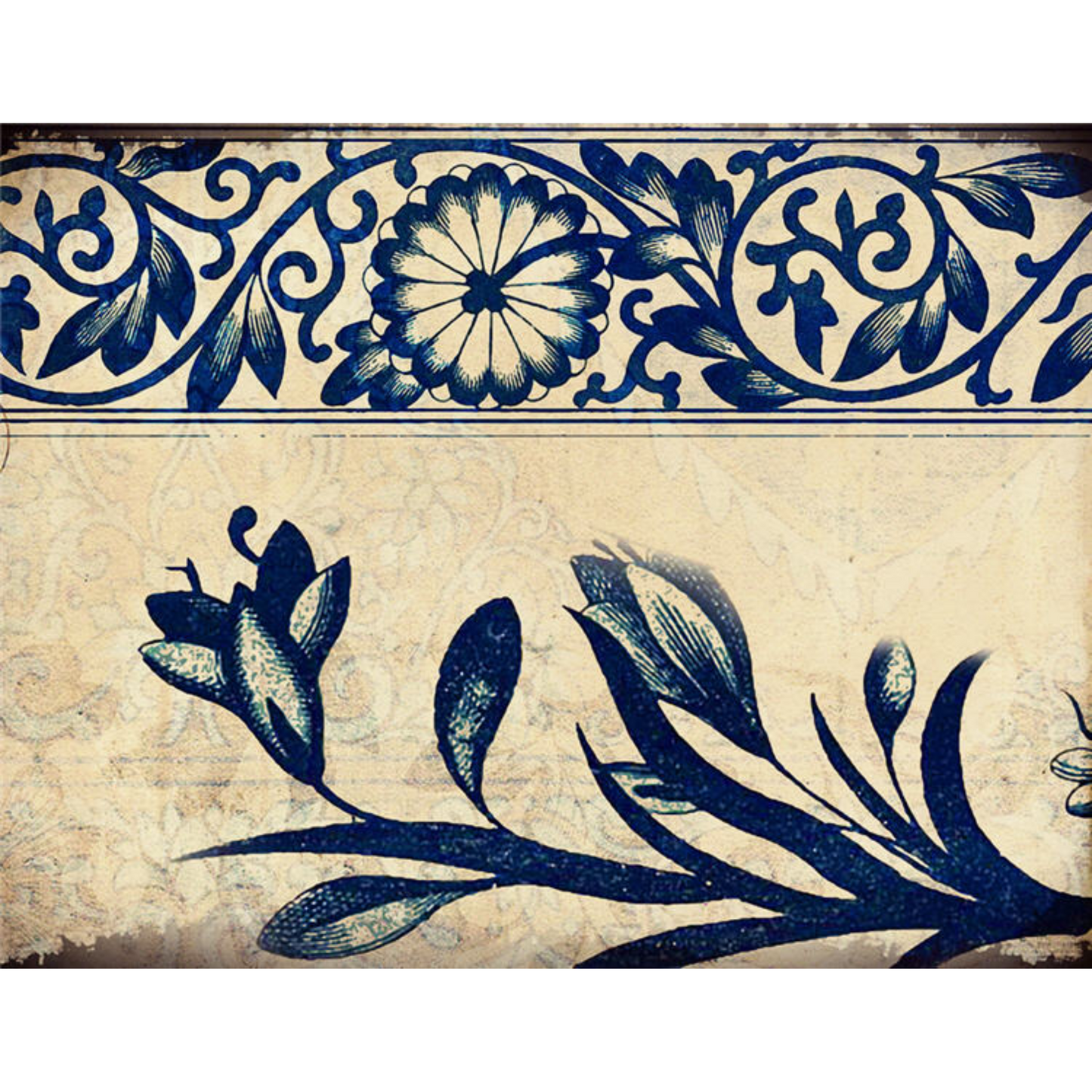 Monahan Papers "Blue Indigo Floral Border" 11" x 17"  Navy blue print on light background. Aged paper for decoupage and mixed media art available at Milton's Daughter