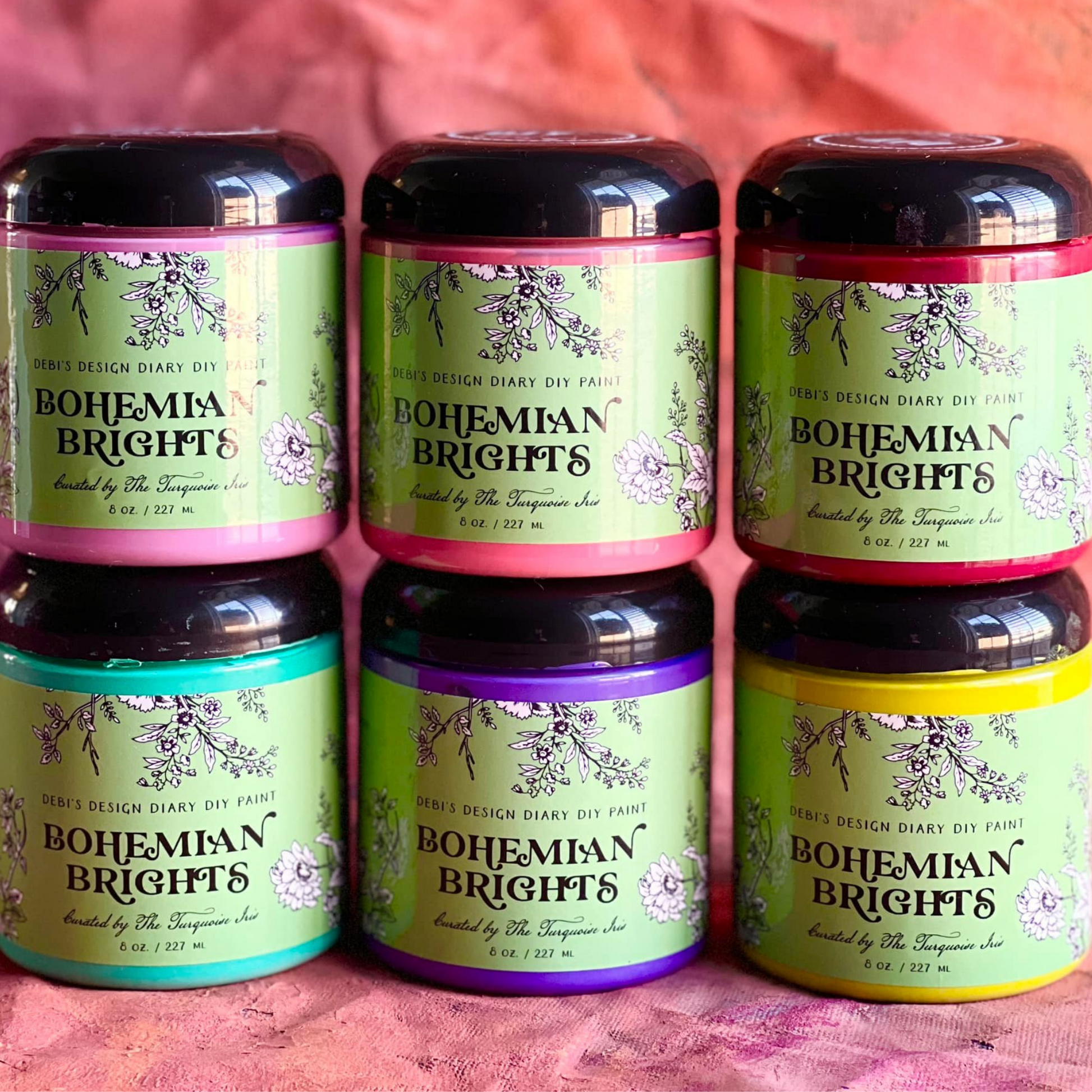 The Bohemian Brights Collection by by Debi's Design Diary DIY Paint. 4 oz. jar available at Milton's Daughter. Curated by Dionne Woods of the Turquoise Iris.