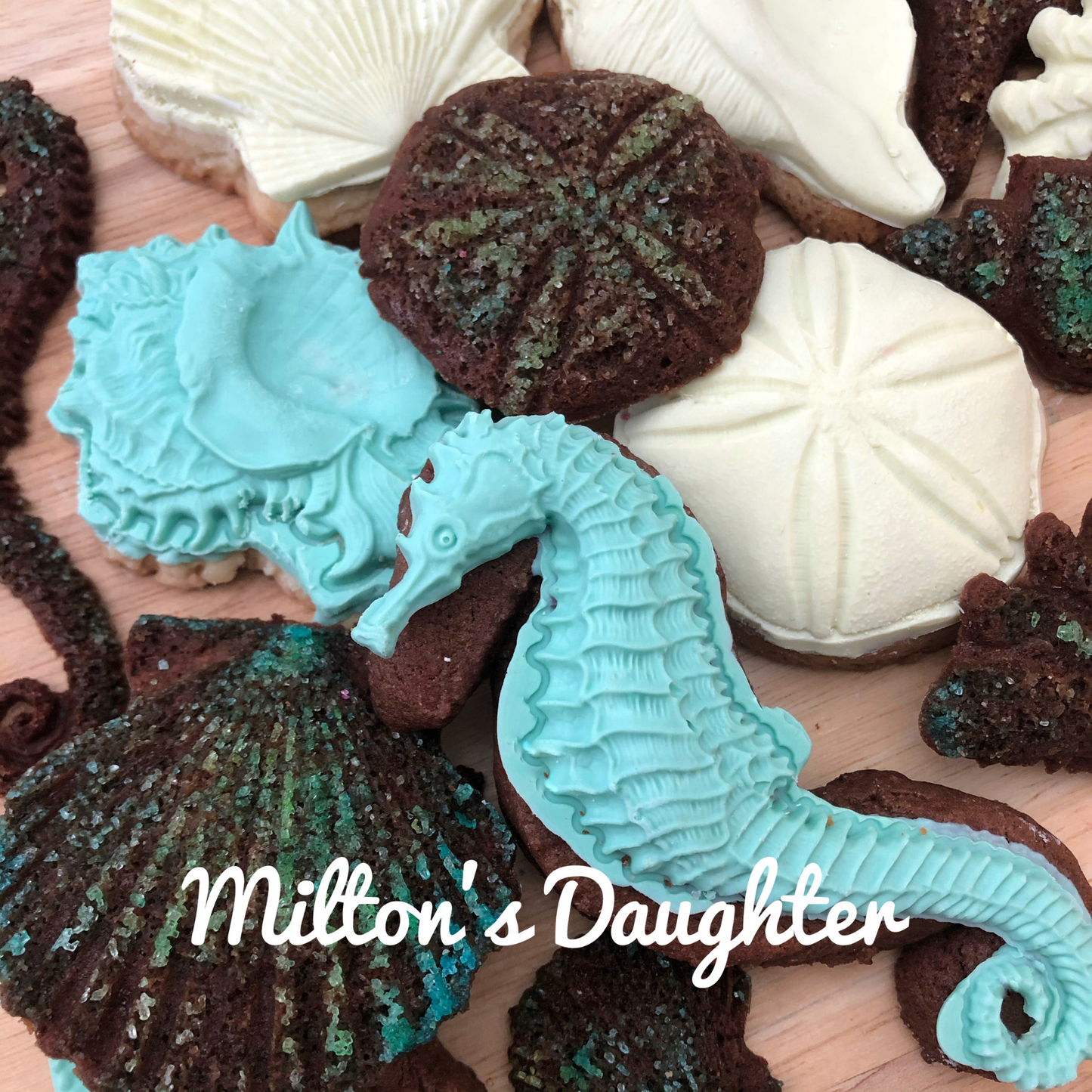 Sea Shells mold by IOD featuring blue and white chocolate cookies by Milton's Daughter