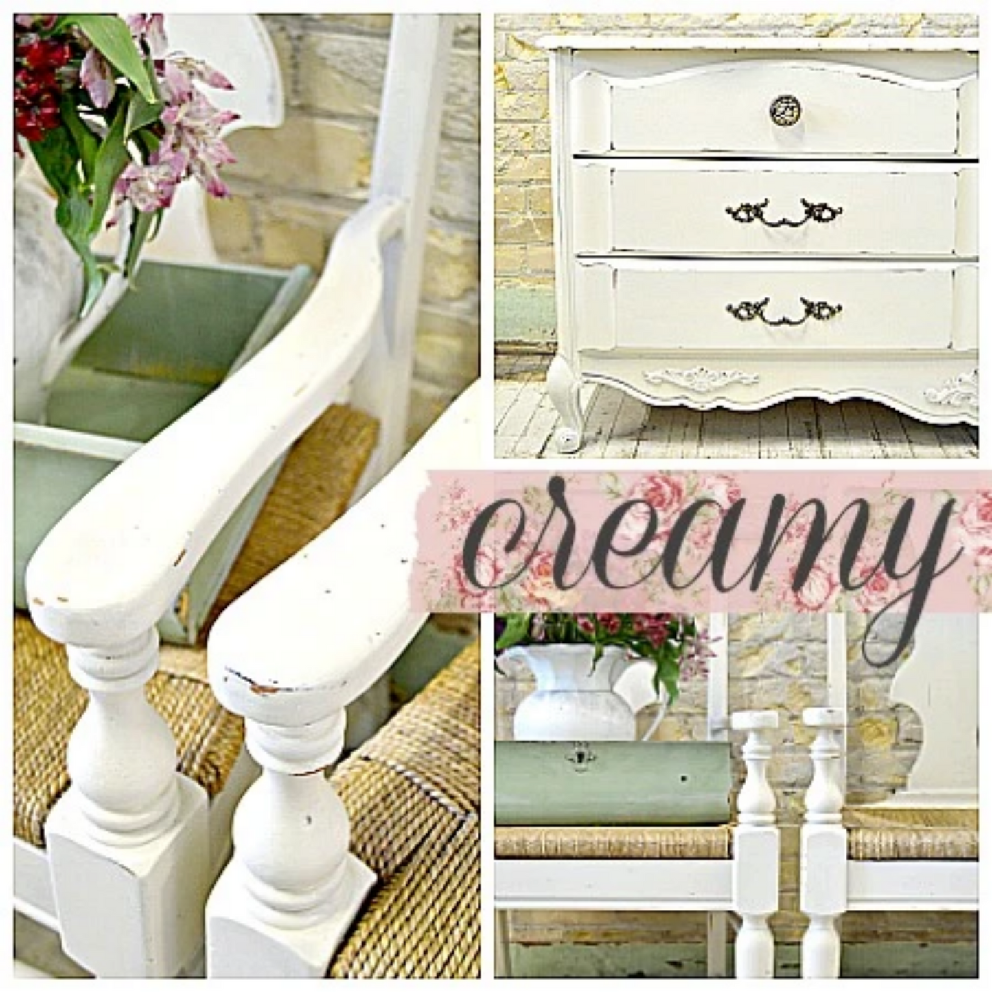 Three views of antique chairs and nightstand painted in Creamy by Sweet Pickins Milk Paint available at Milton's Daughter