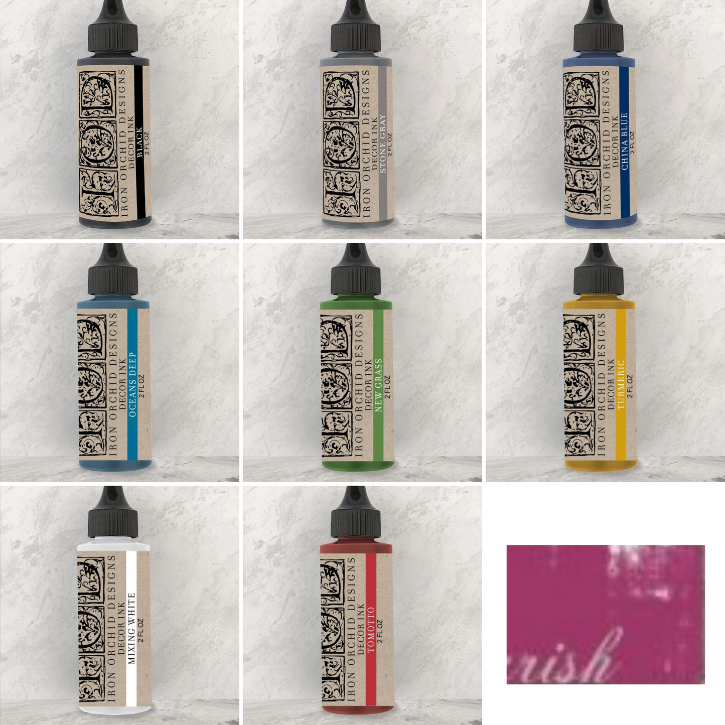 Collage photo of IOD Decor Ink 2 oz. bottles in colors Black, Stone Gray (charcoal), China Blue (navy blue), Oceans Deep (turquoise, New Grass (Green), Turmeric (yellow), Mixing White, Tomotto (red), Garish (magenta) at Milton's Daughter