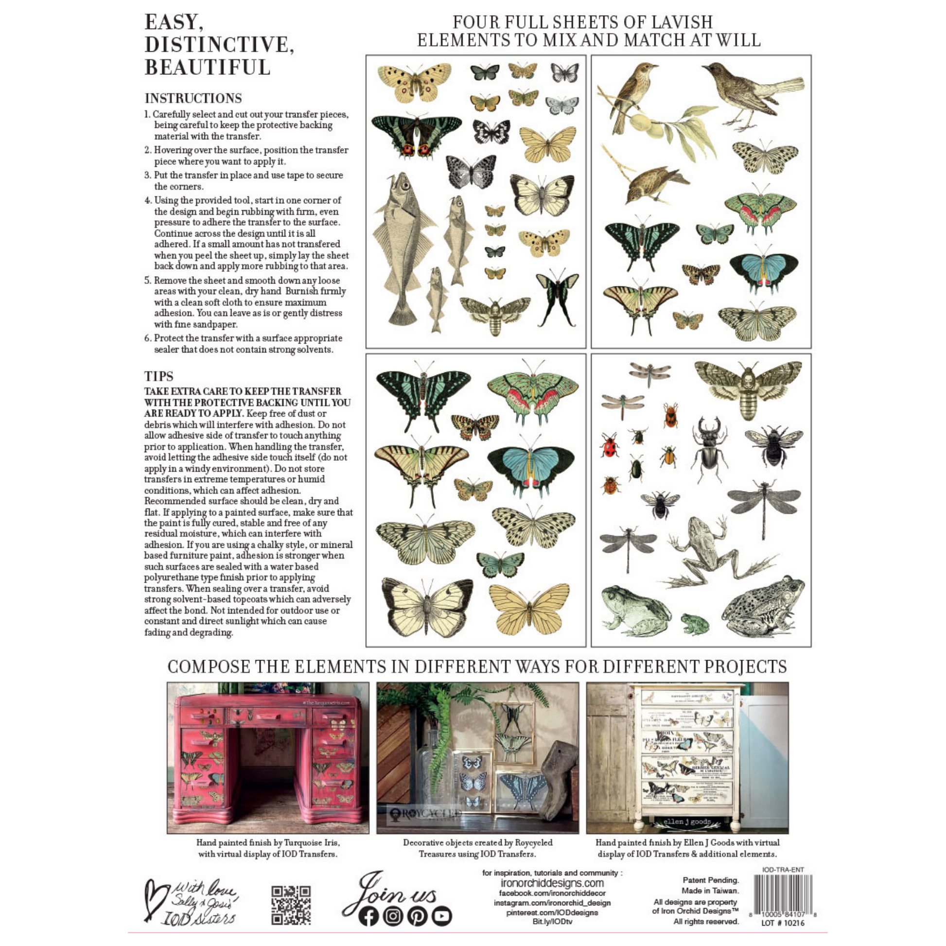 Back cover for Entomology Etcetera IOD transfer pad by Iron Orchid Designs. Four 12x16 sheets. Multiple colored butterflies, frogs and winged creatures in multiple sizes, colors and varieties. Available at Milton's Daughter