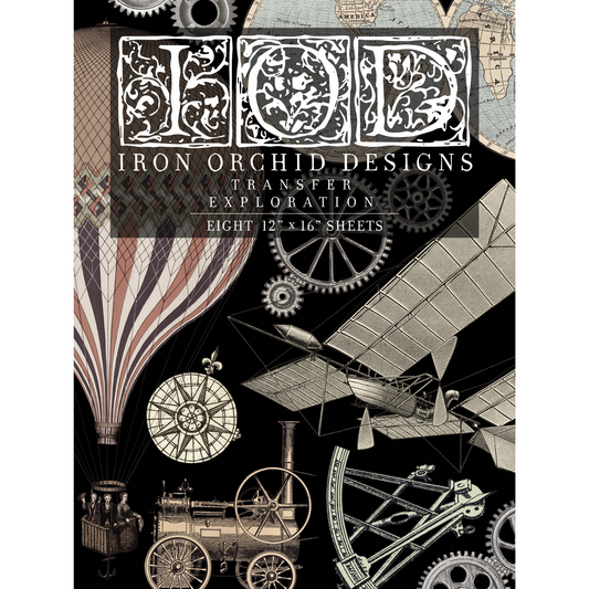 Exploration -  IOD Transfers by Iron Orchid Designs. Product cover sheet includes vintage steampunk images of hot air balloons, vintage planes, steam engines, gears, globes at Milton's Daughter