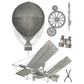 Exploration - IOD Transfer by Iron Orchid Designs page 1 of 8 sheets. Includes vintage images of hot air balloon, gears, plane, binoculars and measuring instruments at Milton's Daughter
