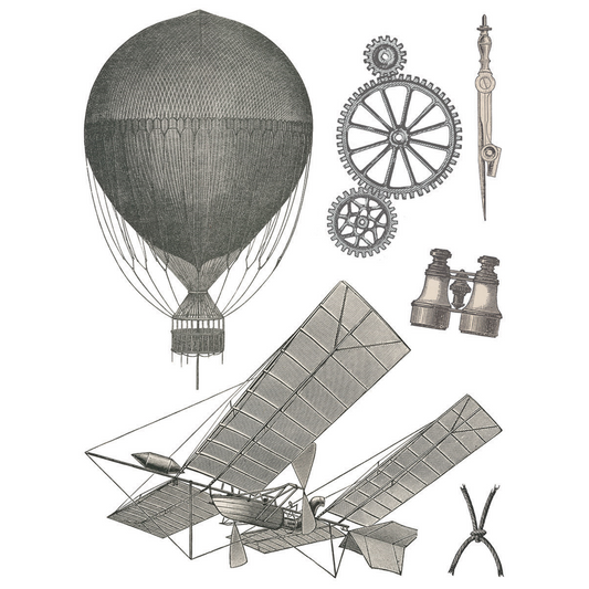 Exploration - IOD Transfer by Iron Orchid Designs page 1 of 8 sheets. Includes vintage images of hot air balloon, gears, plane, binoculars and measuring instruments at Milton's Daughter