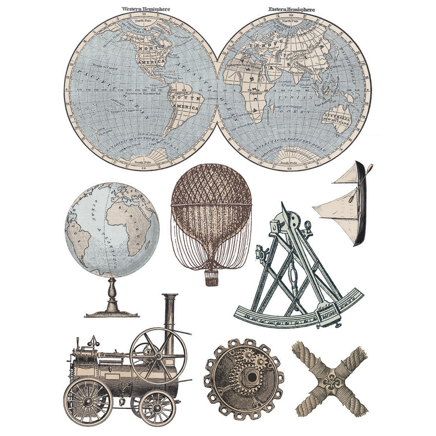 Exploration - IOD Transfer by Iron Orchid Designs page 2 of 8 sheets features vintage images of world map, globes, hot air balloon, measuring instruments steam engine at Milton's Daughter