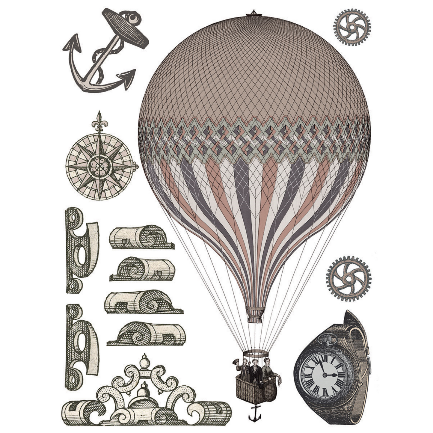 Exploration- IOD Transfer by Iron Orchid Designs page 3 of 8 sheets. Features vintage image transfers of hot air balloon, anchor, gears, hardware, compass, watch at Milton's Daughter