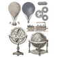Exploration- IOD Transfer by Iron Orchid Designs page 5 of 8 sheets. Features vintage image transfers of hot air balloons, globes, gears, spring and steam engine train at Milton's Daughter