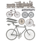 Exploration - IOD Transfers by Iron Orchid Designs page 6 of 8 sheets. Features vintage image transfers of steam engine, train, bicycles, gears, unicycle, flying machine and hardware at Milton's Daughter