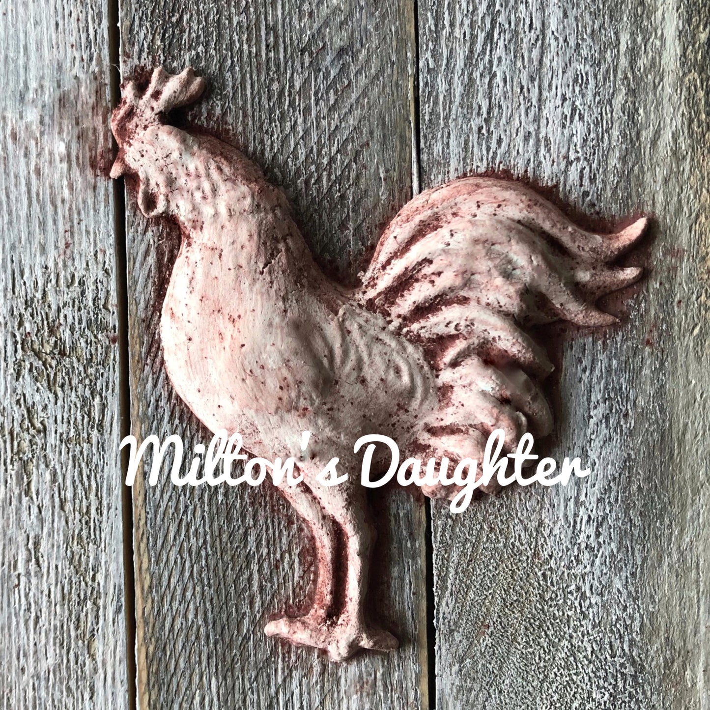 IOD Fleur De Lis Mold casting of rooster on mounted on wood at Milton's Daughter