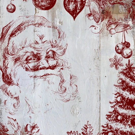 Example of Holly Jolly Stamp applied in red ink to white wood plank board at Milton's Daughter.