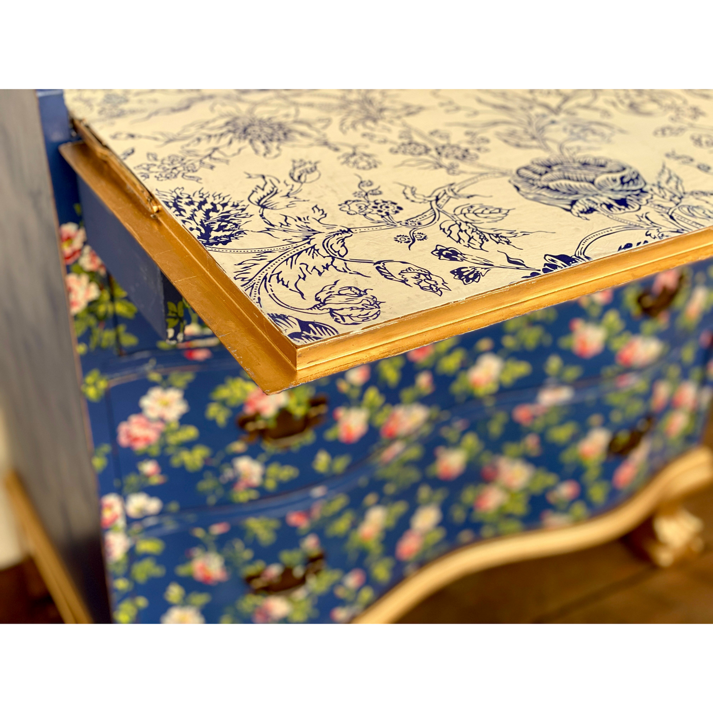 Secretary desk with applied IOD Indigo Floral Paint Inlay by Iron Orchid Designs in navy and white florals. Available at Milton's Daughter.