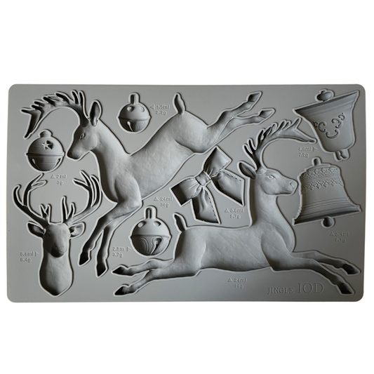 "JIngle" IOD silicone mold. This Reindeer and jingle bells mold by Iron Orchid Designs is available at Milton's Daughter