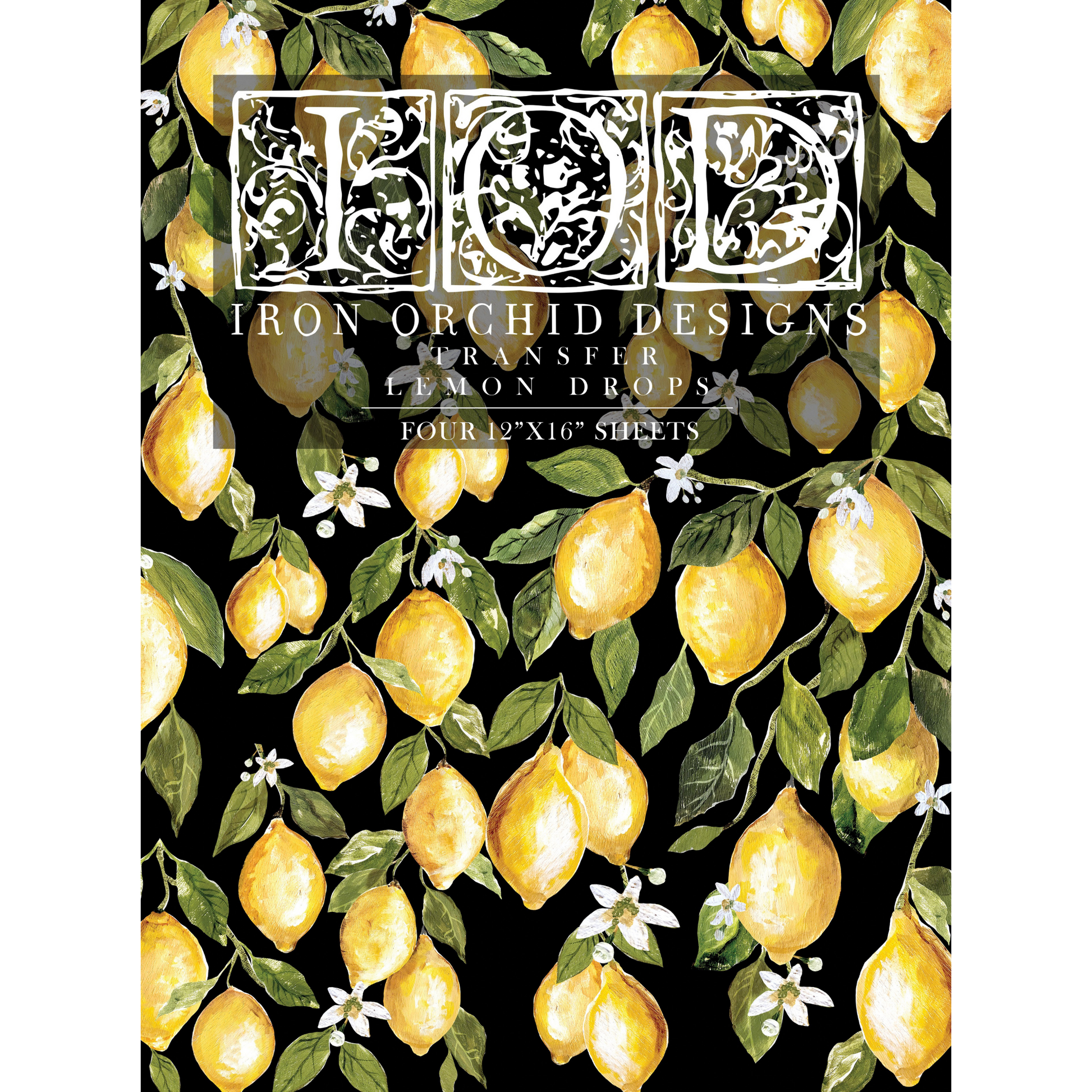 Lemon Drops Transfer by IOD front cover product photo-Bright yellow lemons and green leaves with buildable vines at Milton's Daughter.