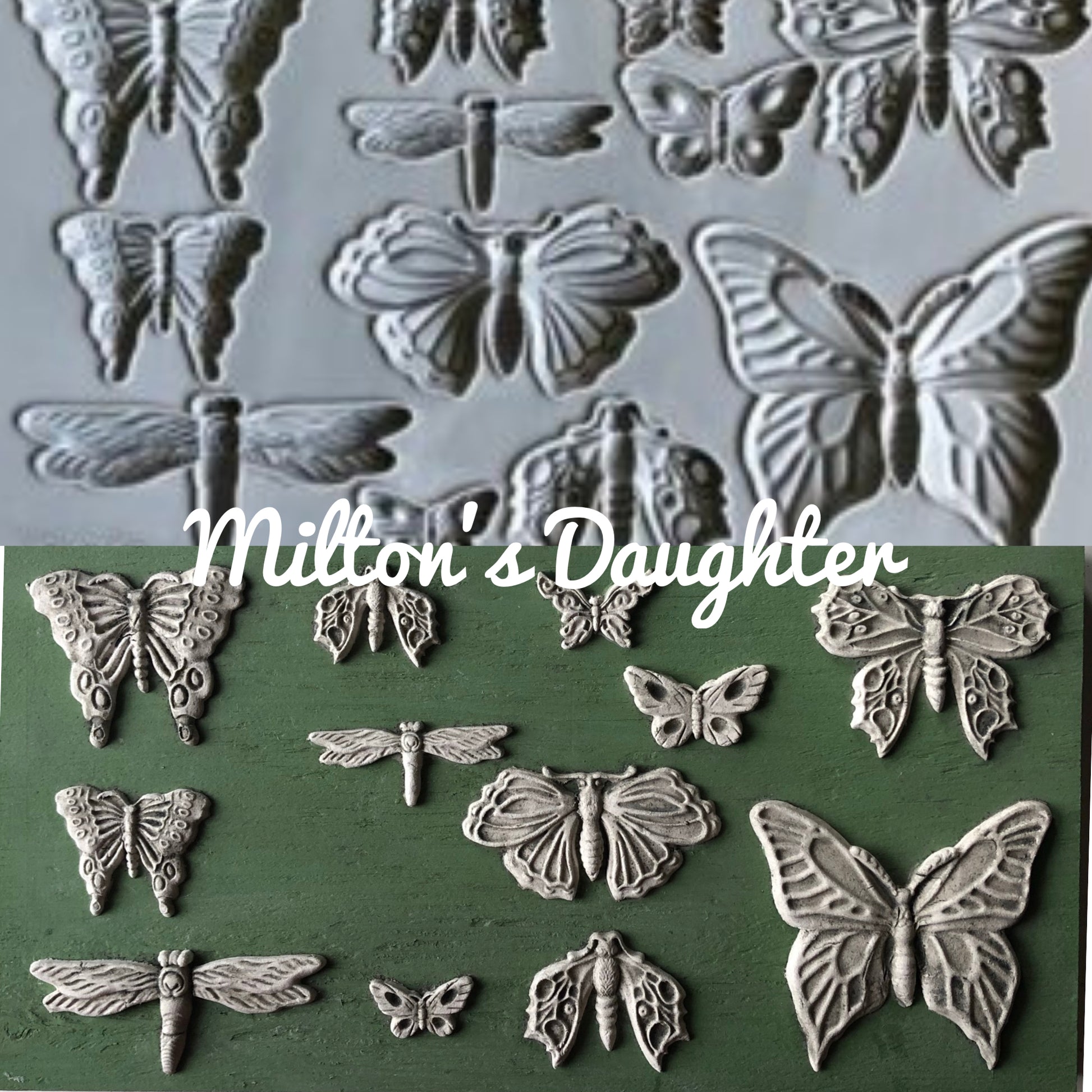 Monarch mold by Iron Orchid Designs product shot and sample side by side at Milton's Daughter