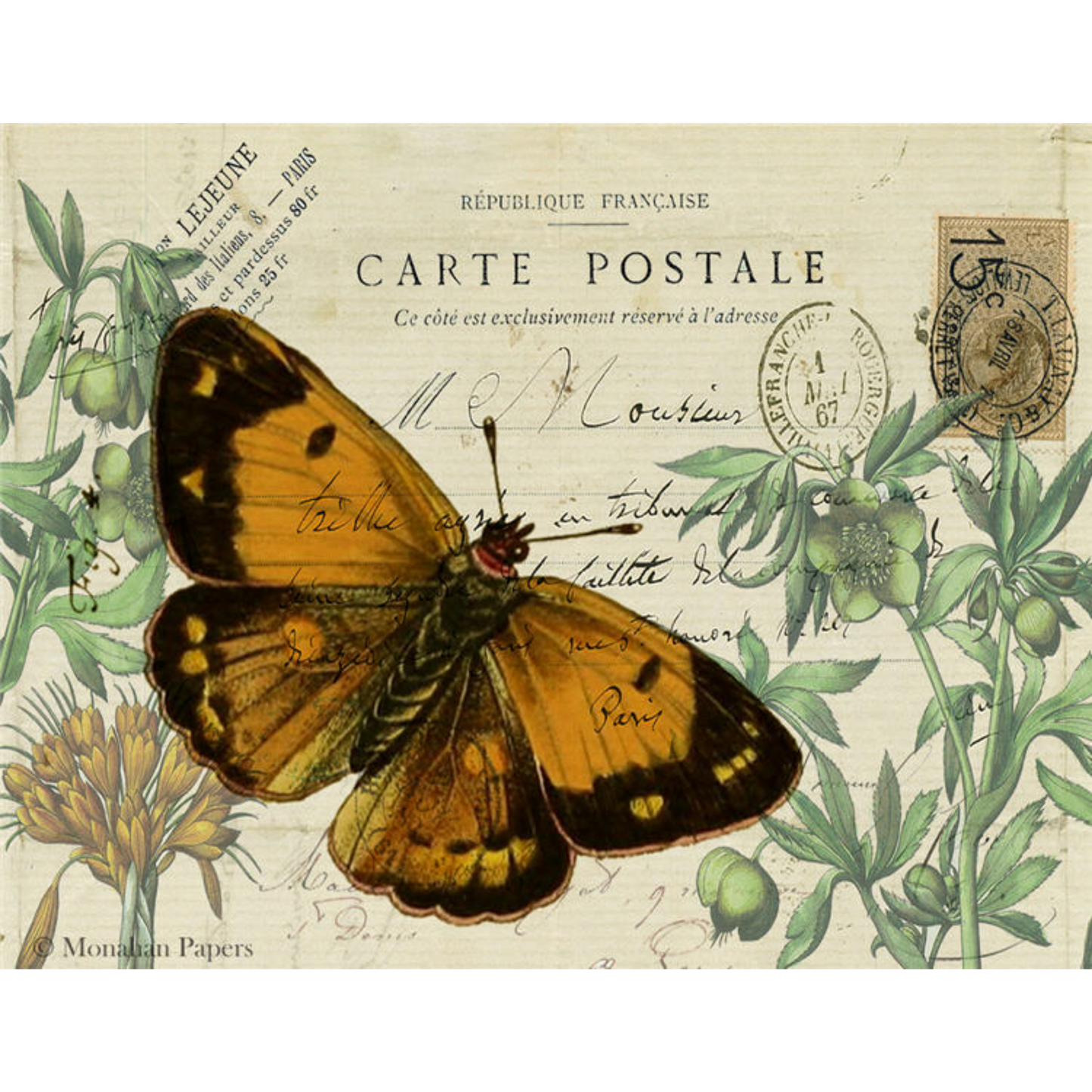 Orange Butterfly 11" x 17" decoupage paper by Monahan Papers available at Milton's Daughter