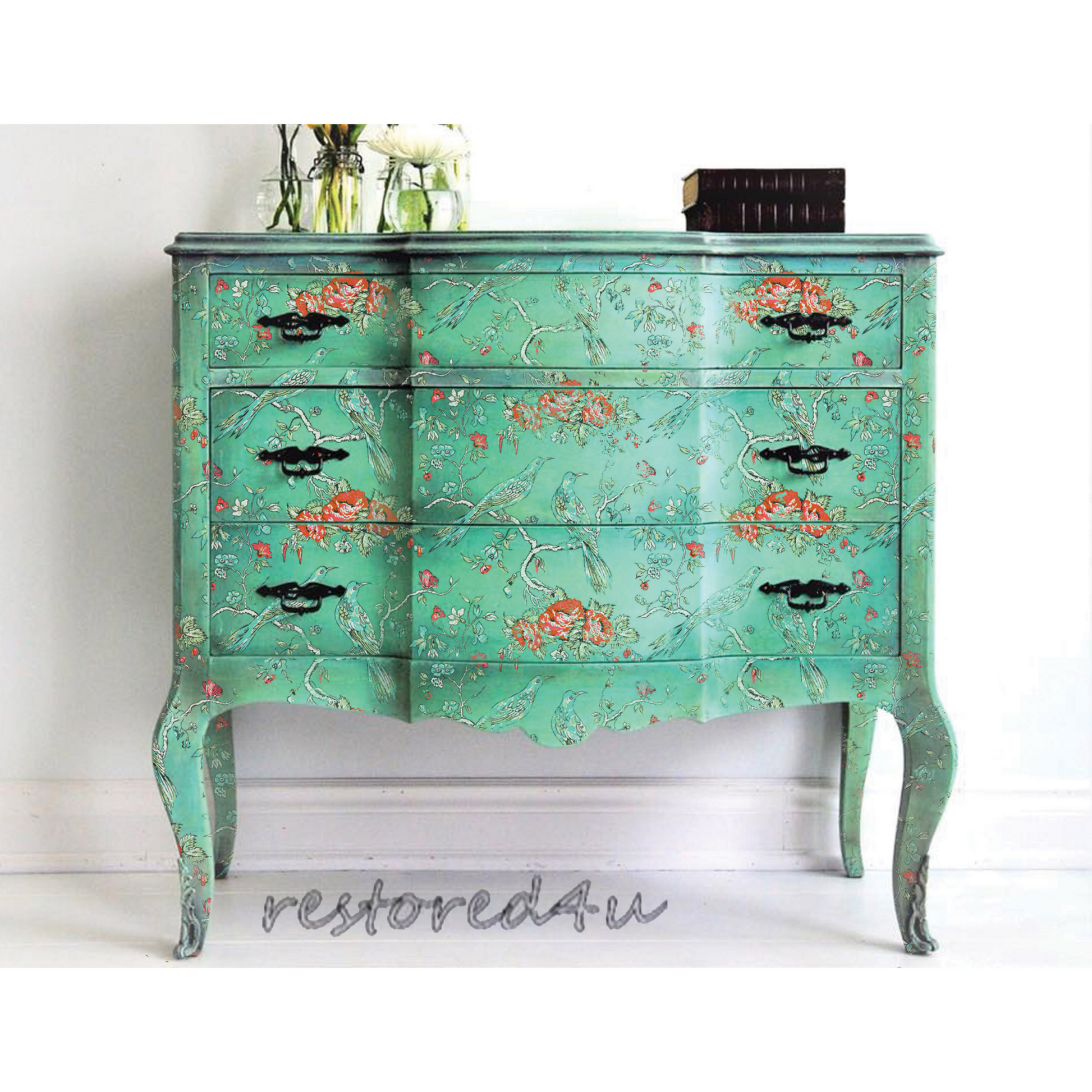 "Paradise" IOD Paint Inlay by Iron Orchid Designs. Example on dresser. Package includes eight 12" x 16" reusable sheets. Available at Milton's Daughter.