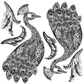 Stamp of two mirror image peacocks with buildable feather elements at Milton's Daughter.