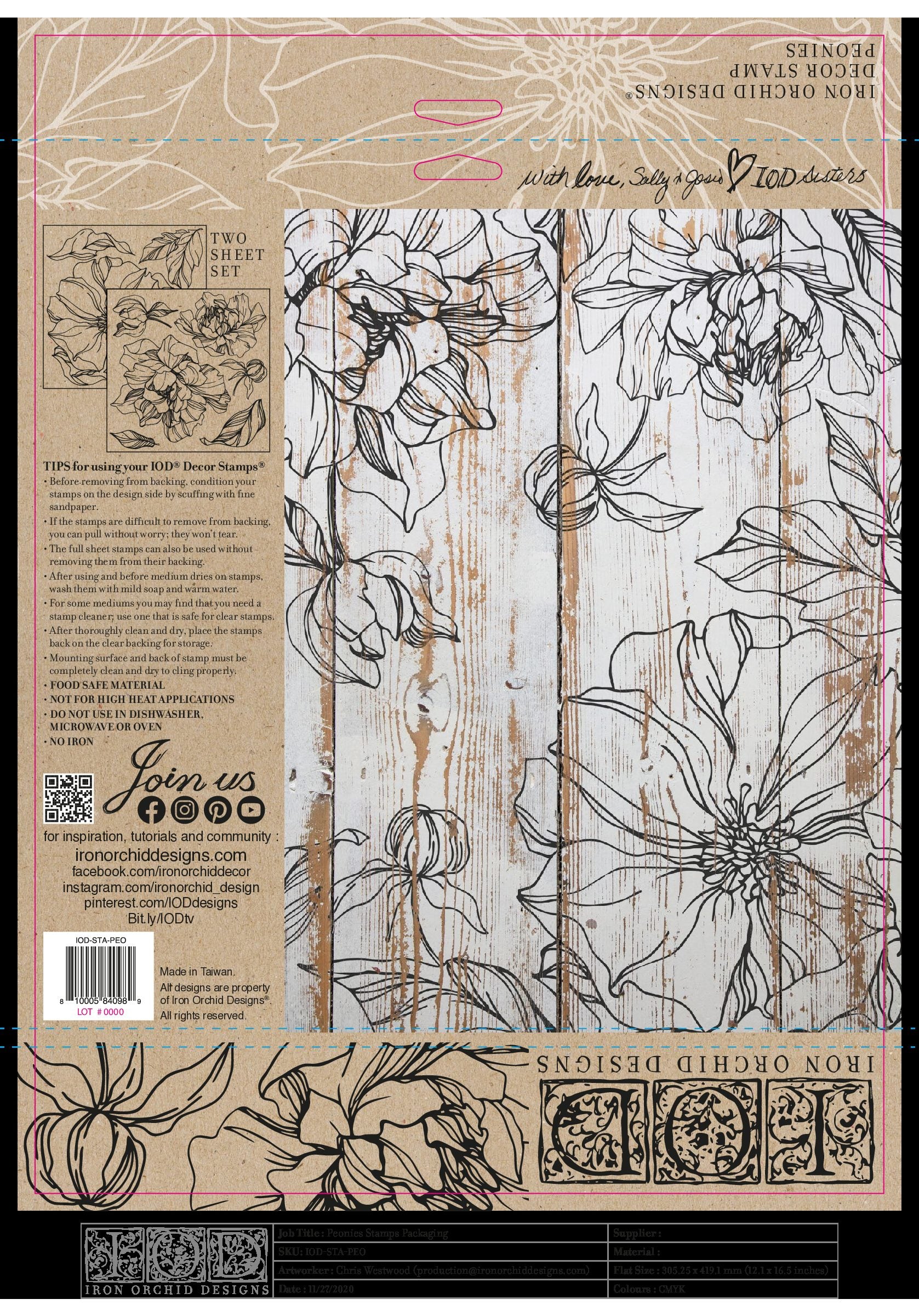 Example of Peonies stamp applied to white distressed wood plank board at Milton's Daughter.