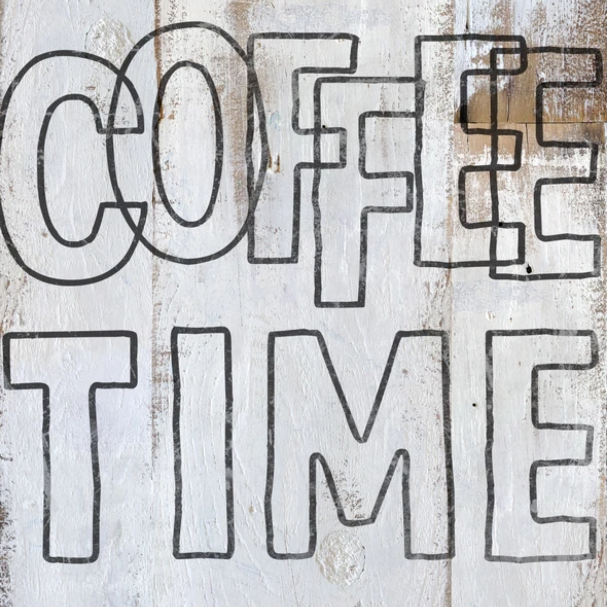 Example of Retro Stamp applied to white distressed wood plank board, reads, "Coffee Time" at Milton's Daughter.