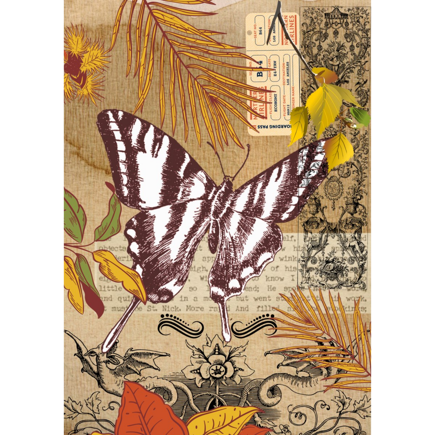 "Skulduggery" decoupage paper set by Made by Marley available at Milton's Daughter. Photo depicts single sheet of butterfly and nature images superimposed over printed ephemera included in this 3-piece set.
