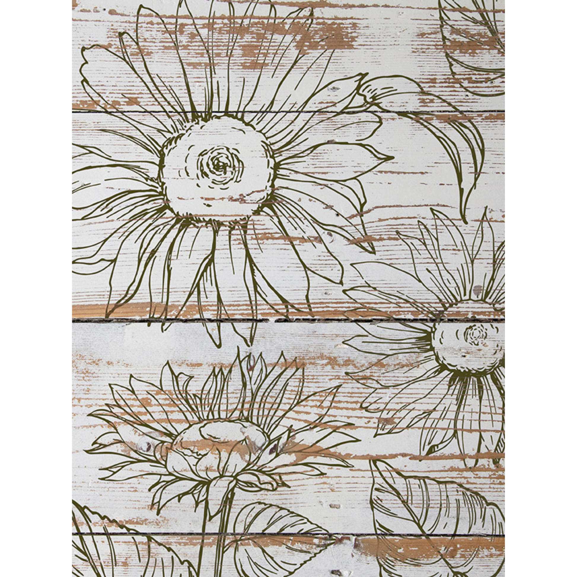 Sunflowers Stamp by IOD sample on distressed wood available at Milton's Daughter